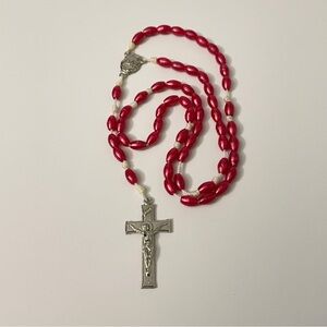 Vintage Cherry Red Beaded Rosary Necklace Silver Tone Crucifix